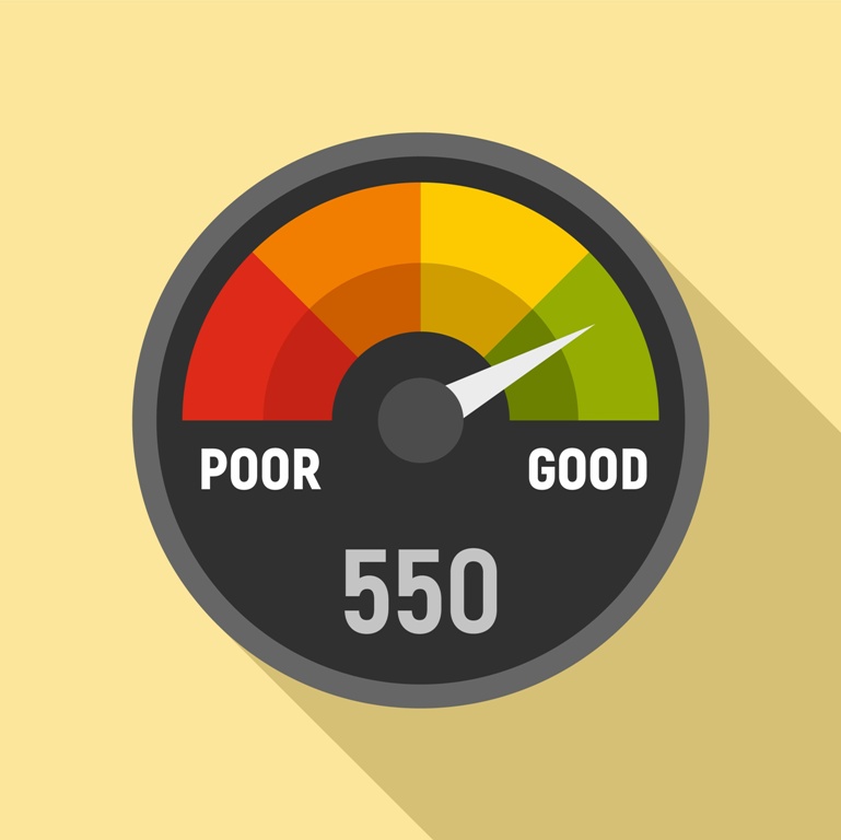 Flat illustration of credit score, with the pointer at ‘Good’