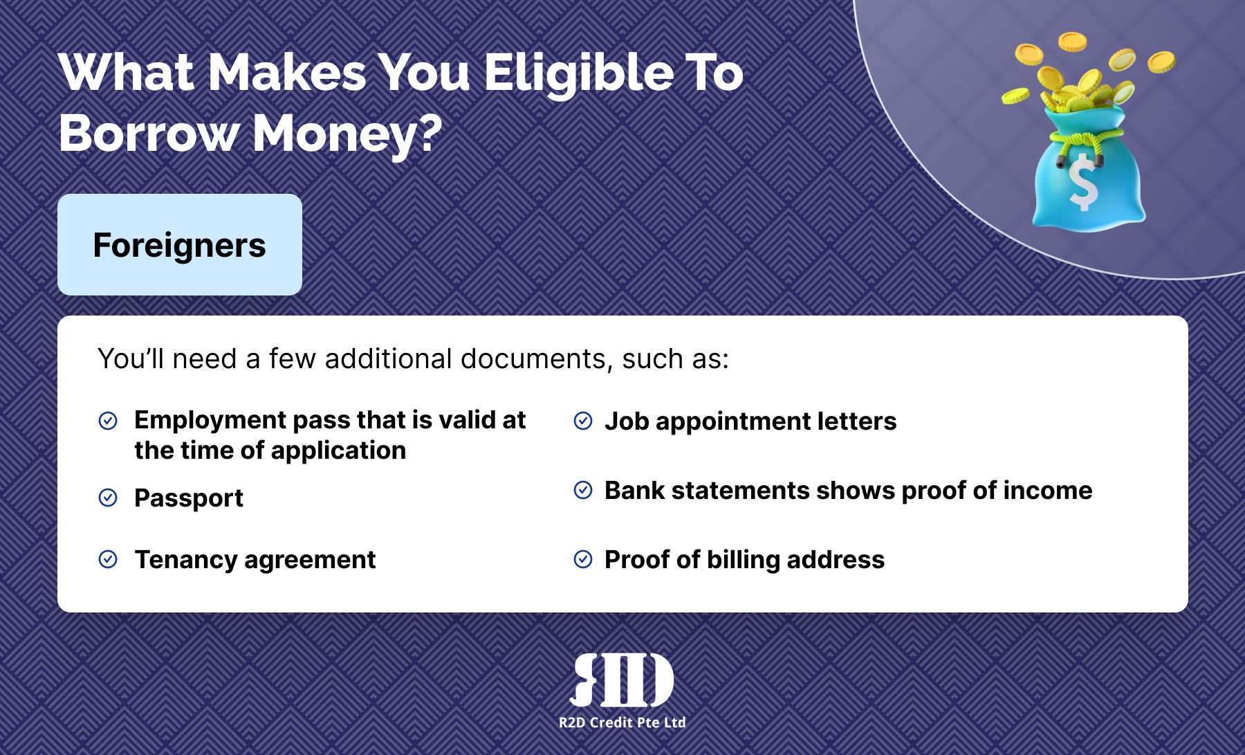 A simple infographic listing the loan application requirements for a foreigner