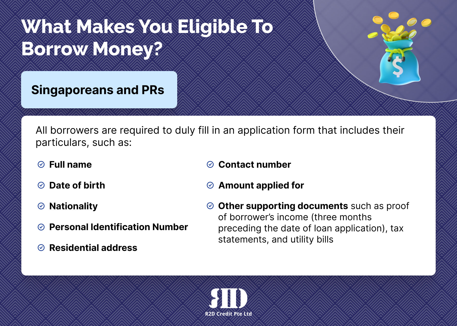 A simple infographic listing the loan application requirements for a Singaporean