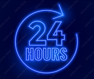 24-hour sign signifying 24/7 online applications are available with legal money lenders in Singapore